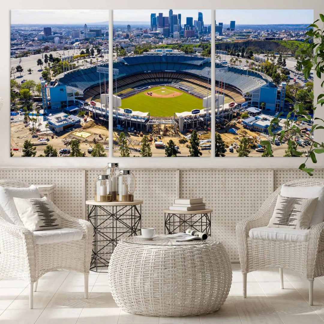 Aerial view of Dodger Stadium, home to the Los Angeles Dodgers, set against a city skyline and featured as a striking wall art piece across three framed panels, offering a gallery-quality finish.