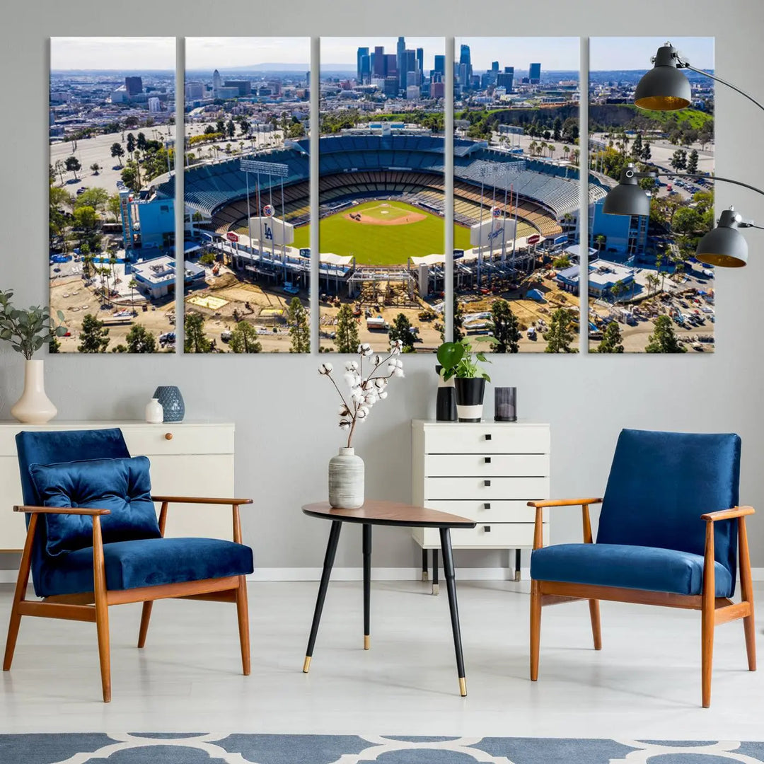 Aerial view of Dodger Stadium, home to the Los Angeles Dodgers, set against a city skyline and featured as a striking wall art piece across three framed panels, offering a gallery-quality finish.