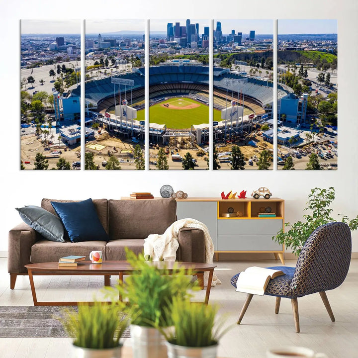 Aerial view of Dodger Stadium, home to the Los Angeles Dodgers, set against a city skyline and featured as a striking wall art piece across three framed panels, offering a gallery-quality finish.