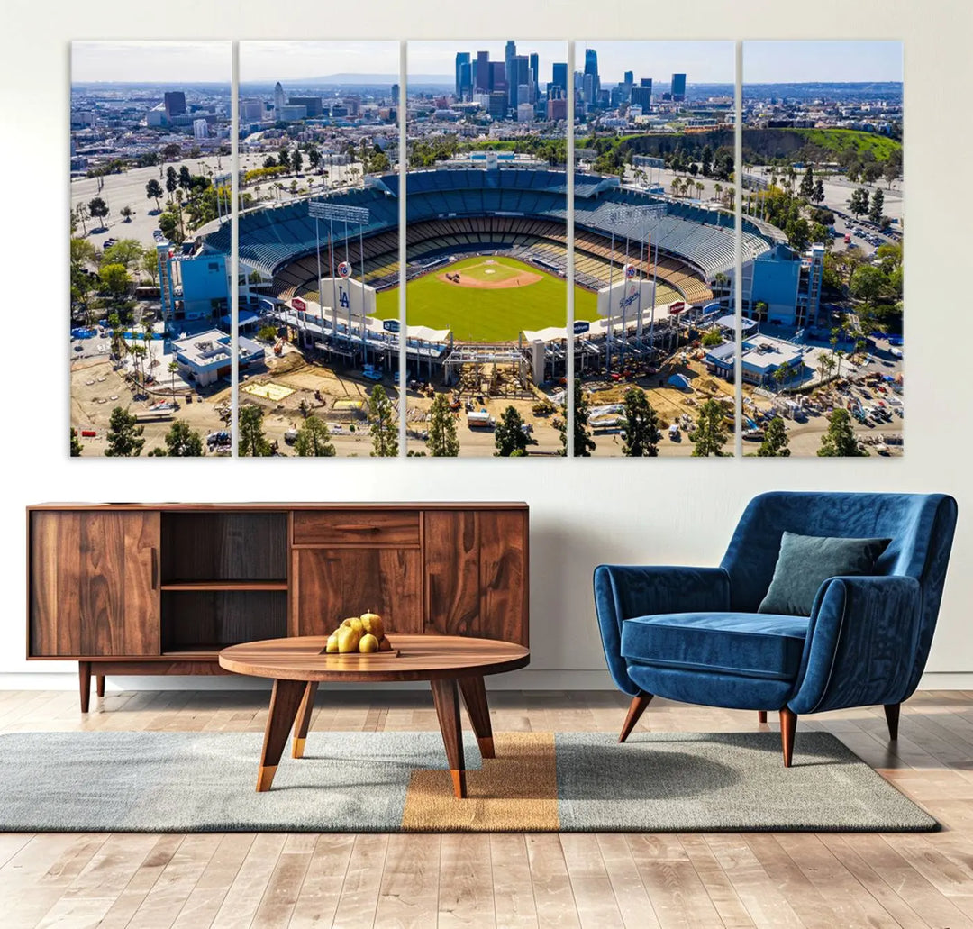 Aerial view of Dodger Stadium, home to the Los Angeles Dodgers, set against a city skyline and featured as a striking wall art piece across three framed panels, offering a gallery-quality finish.