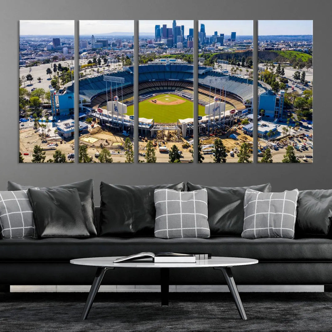 Aerial view of Dodger Stadium, home to the Los Angeles Dodgers, set against a city skyline and featured as a striking wall art piece across three framed panels, offering a gallery-quality finish.