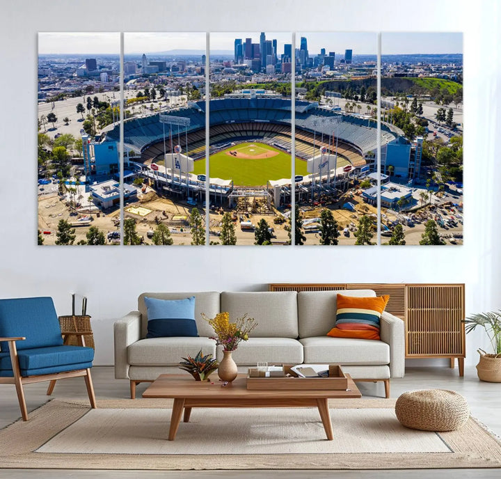 Aerial view of Dodger Stadium, home to the Los Angeles Dodgers, set against a city skyline and featured as a striking wall art piece across three framed panels, offering a gallery-quality finish.