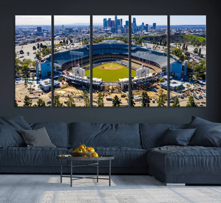 Aerial view of Dodger Stadium, home to the Los Angeles Dodgers, set against a city skyline and featured as a striking wall art piece across three framed panels, offering a gallery-quality finish.