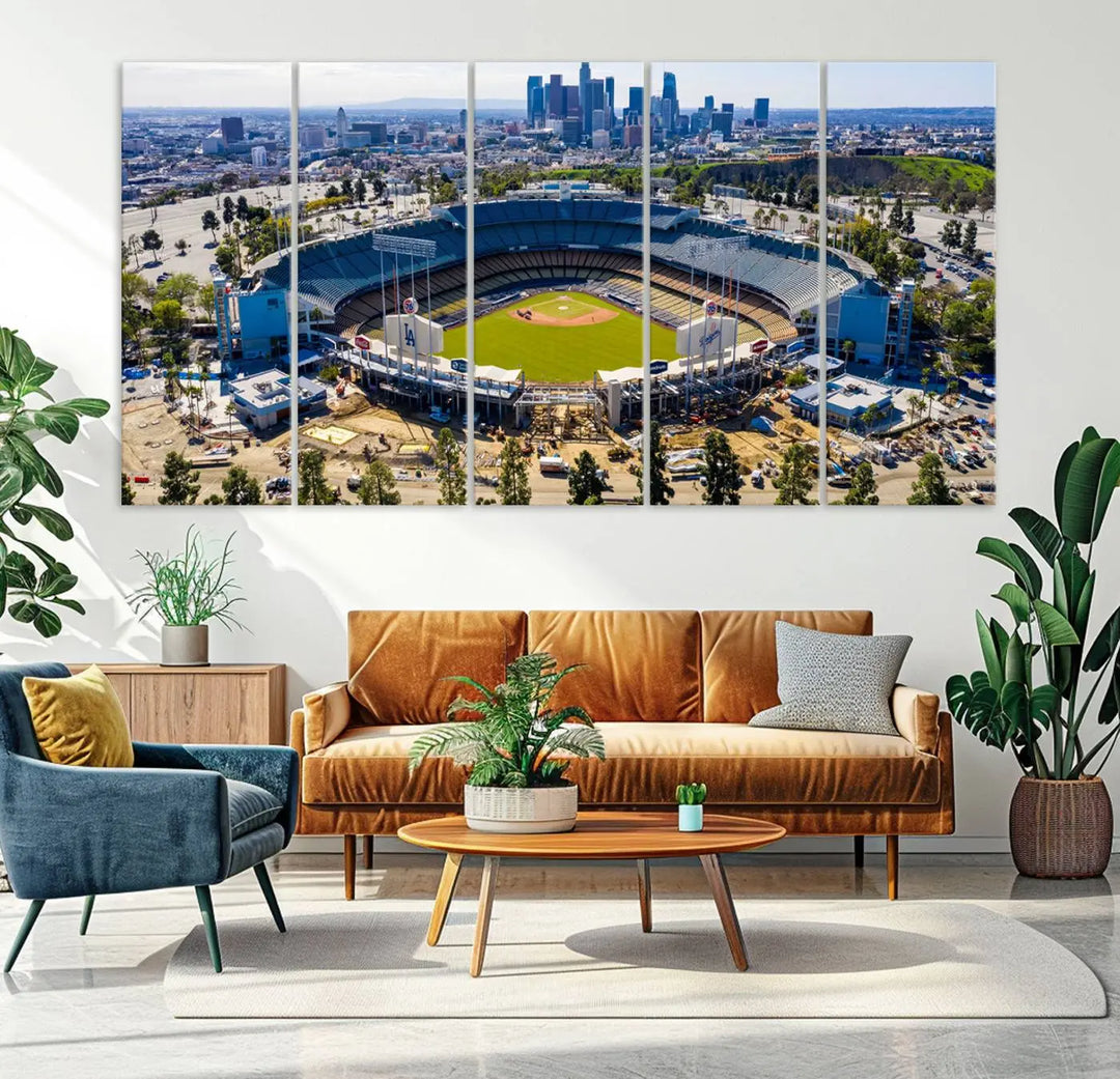 Aerial view of Dodger Stadium, home to the Los Angeles Dodgers, set against a city skyline and featured as a striking wall art piece across three framed panels, offering a gallery-quality finish.