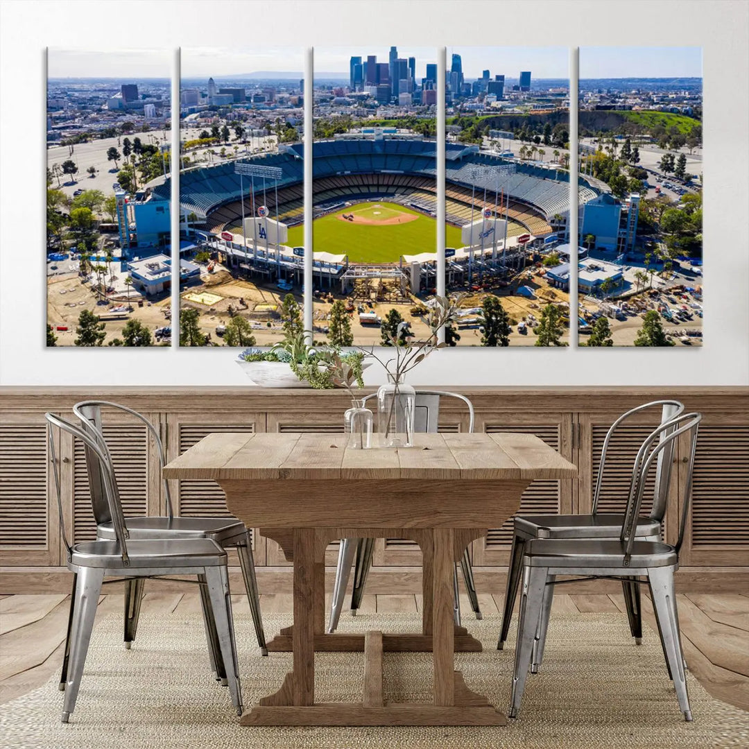 Aerial view of Dodger Stadium, home to the Los Angeles Dodgers, set against a city skyline and featured as a striking wall art piece across three framed panels, offering a gallery-quality finish.