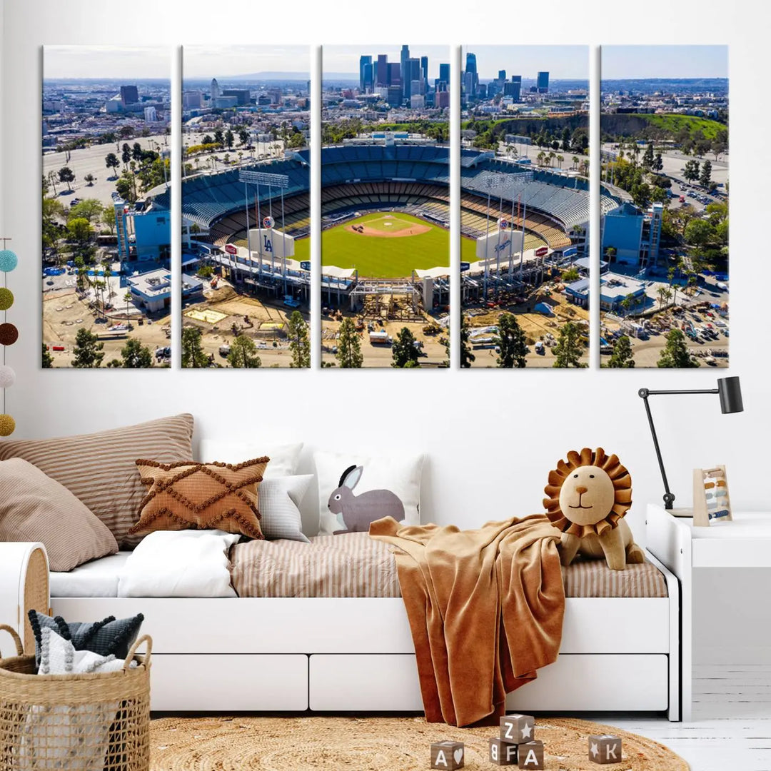 Aerial view of Dodger Stadium, home to the Los Angeles Dodgers, set against a city skyline and featured as a striking wall art piece across three framed panels, offering a gallery-quality finish.