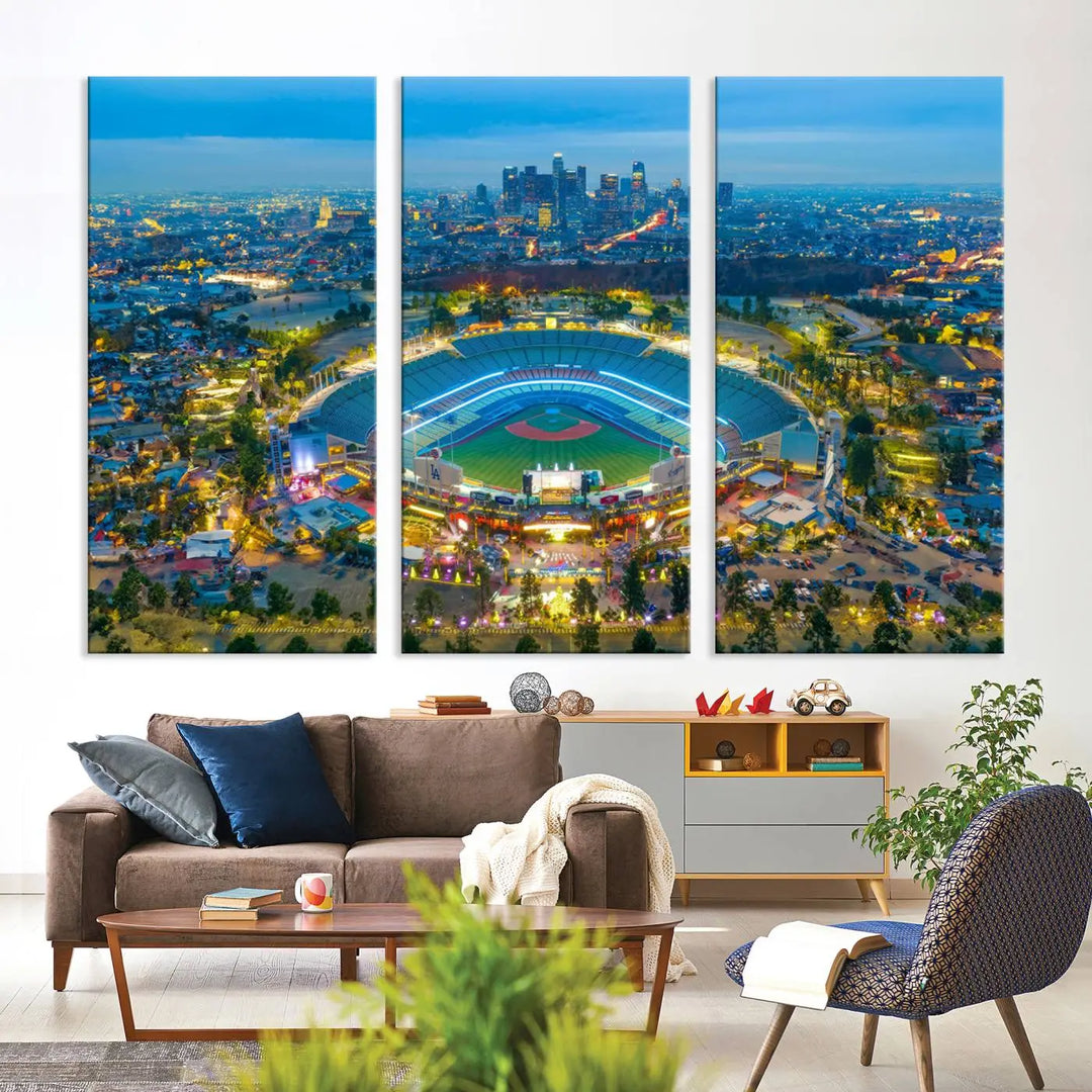 A Los Angeles Dodgers Dodger Stadium wall art canvas print, depicting a nighttime view of the stadium, is showcased in a modern living room.