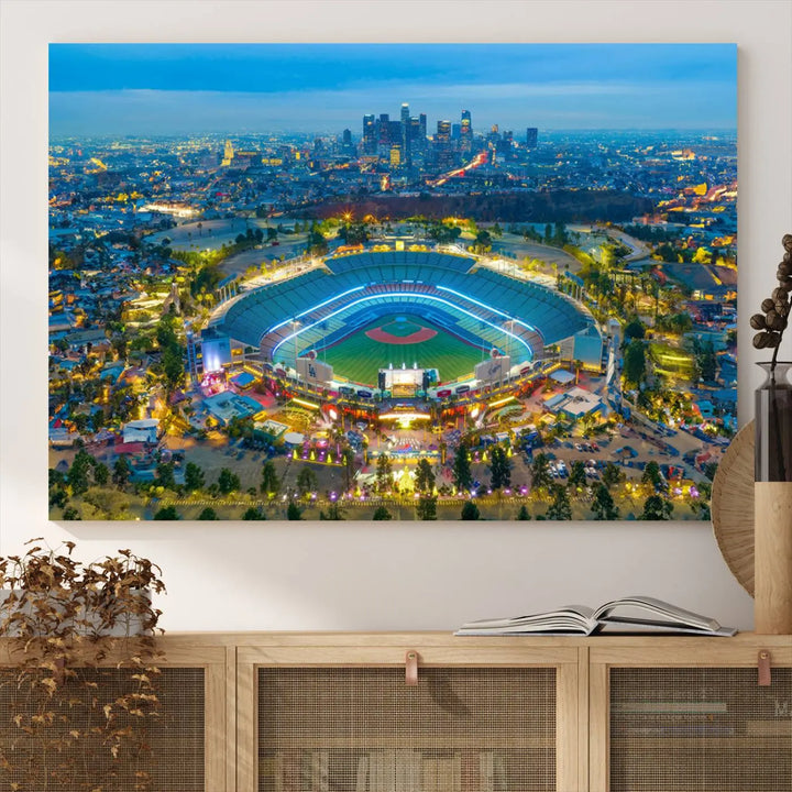 A Los Angeles Dodgers Dodger Stadium wall art canvas print, depicting a nighttime view of the stadium, is showcased in a modern living room.