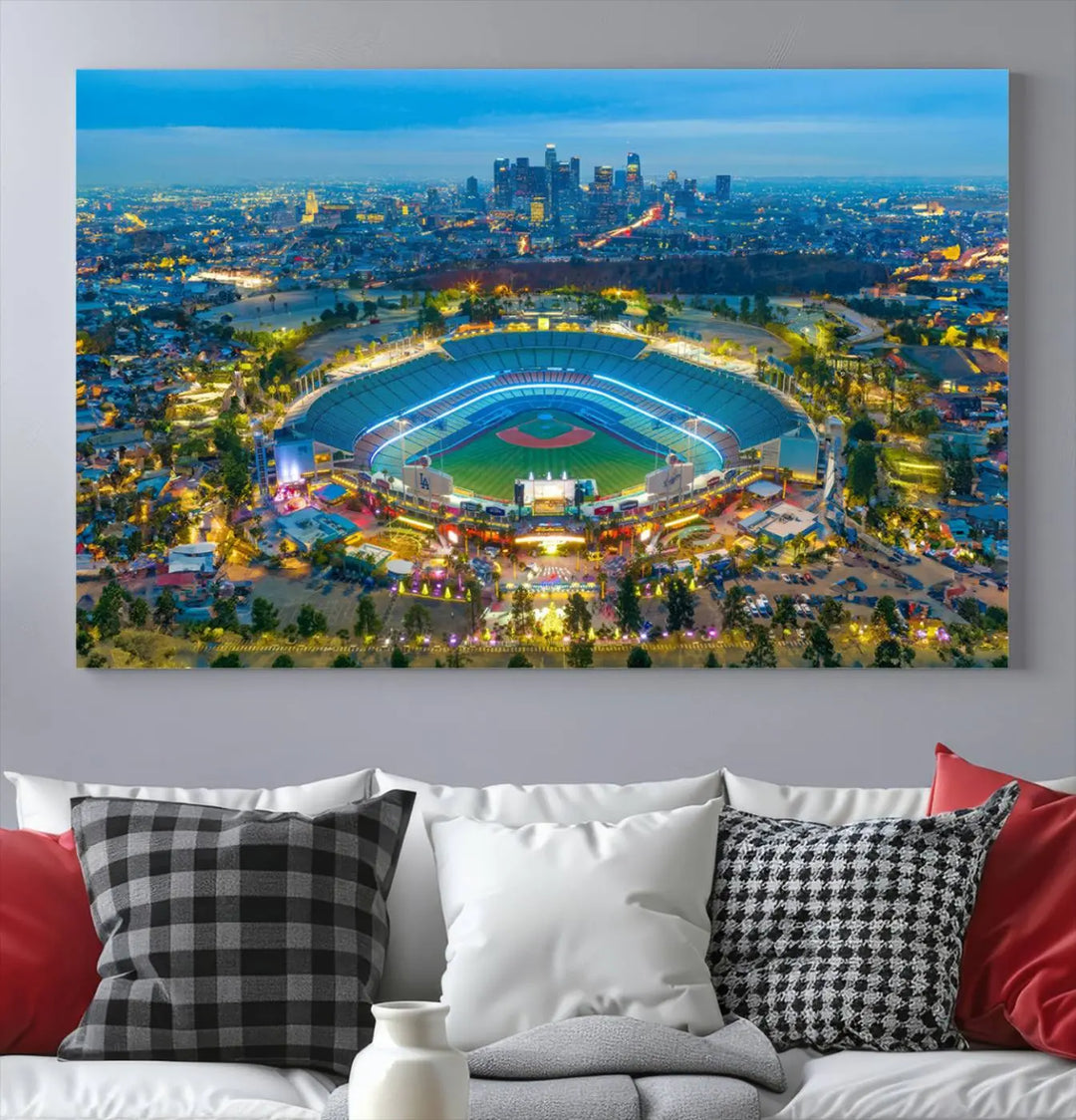 A Los Angeles Dodgers Dodger Stadium wall art canvas print, depicting a nighttime view of the stadium, is showcased in a modern living room.