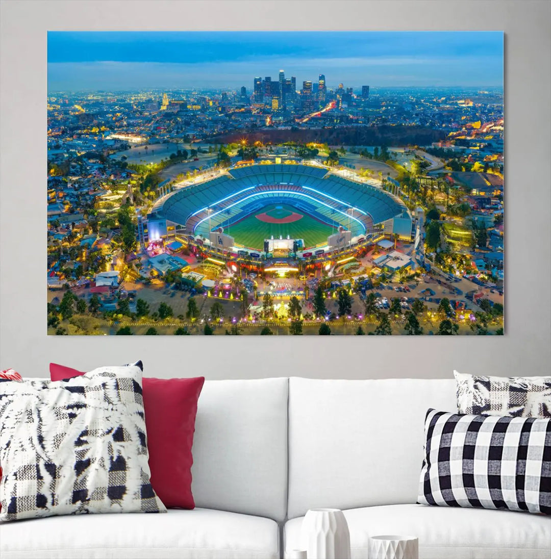 A Los Angeles Dodgers Dodger Stadium wall art canvas print, depicting a nighttime view of the stadium, is showcased in a modern living room.