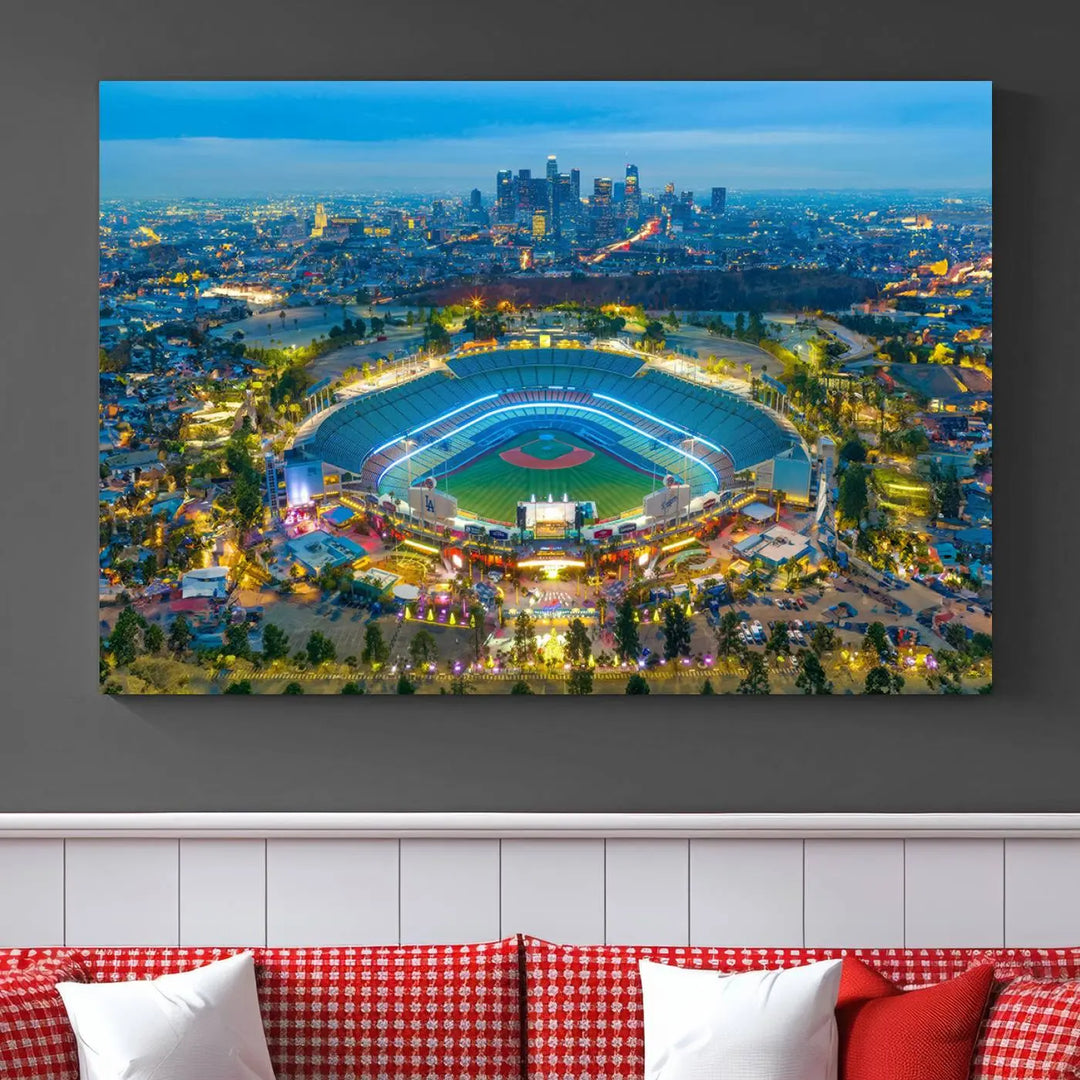 A Los Angeles Dodgers Dodger Stadium wall art canvas print, depicting a nighttime view of the stadium, is showcased in a modern living room.