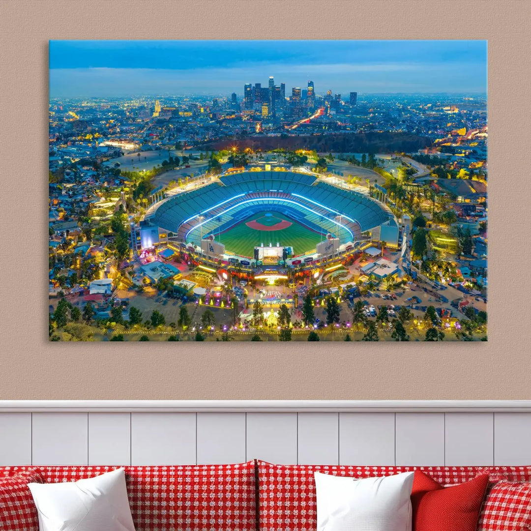 A Los Angeles Dodgers Dodger Stadium wall art canvas print, depicting a nighttime view of the stadium, is showcased in a modern living room.