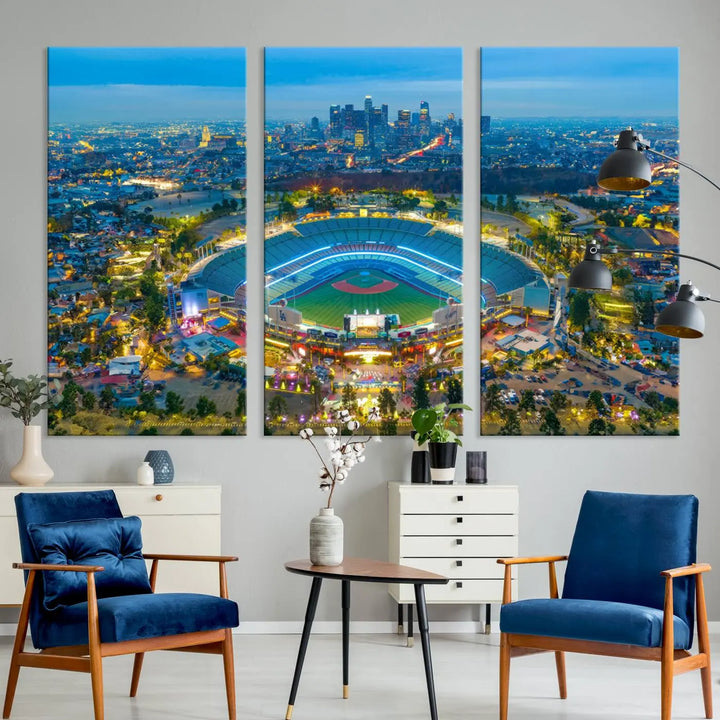 A Los Angeles Dodgers Dodger Stadium wall art canvas print, depicting a nighttime view of the stadium, is showcased in a modern living room.