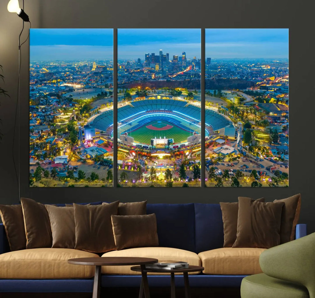 A Los Angeles Dodgers Dodger Stadium wall art canvas print, depicting a nighttime view of the stadium, is showcased in a modern living room.