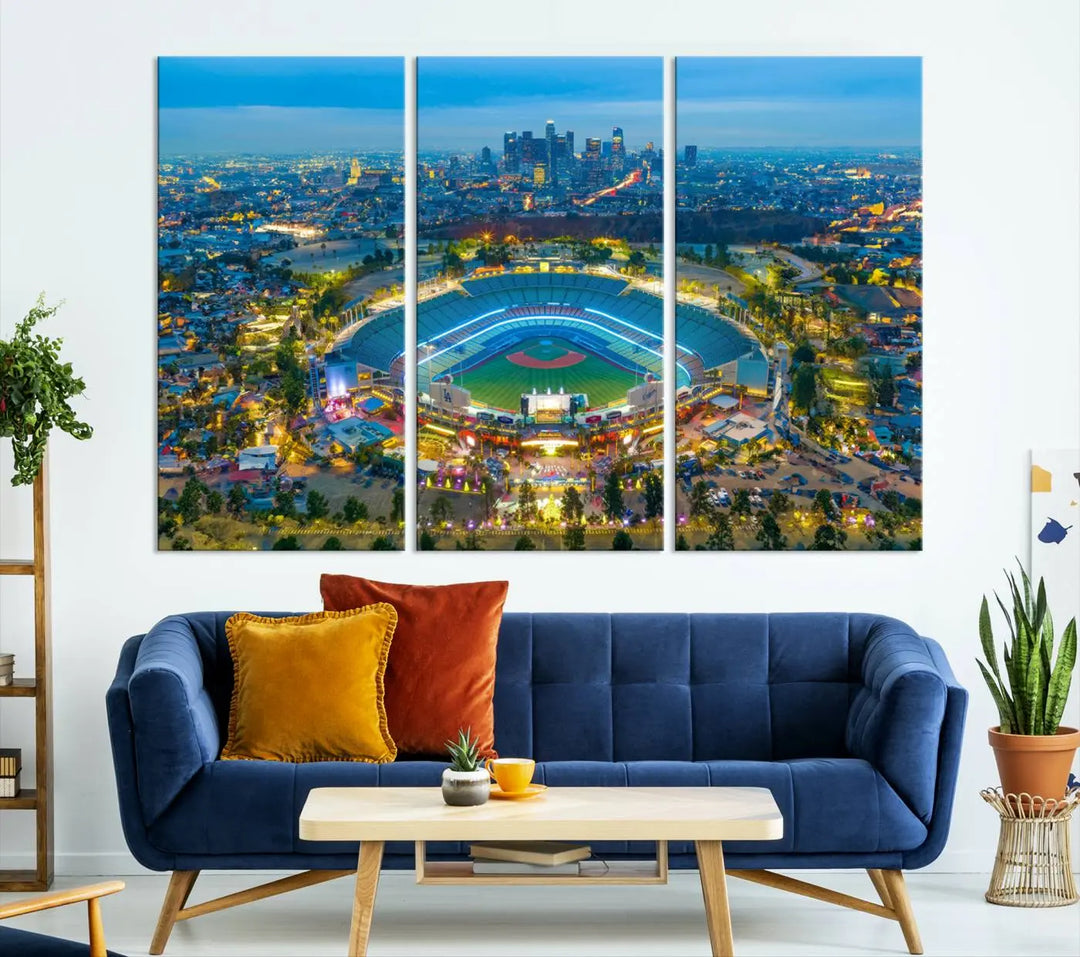 A Los Angeles Dodgers Dodger Stadium wall art canvas print, depicting a nighttime view of the stadium, is showcased in a modern living room.