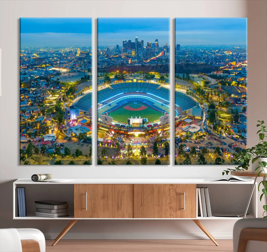 A Los Angeles Dodgers Dodger Stadium wall art canvas print, depicting a nighttime view of the stadium, is showcased in a modern living room.