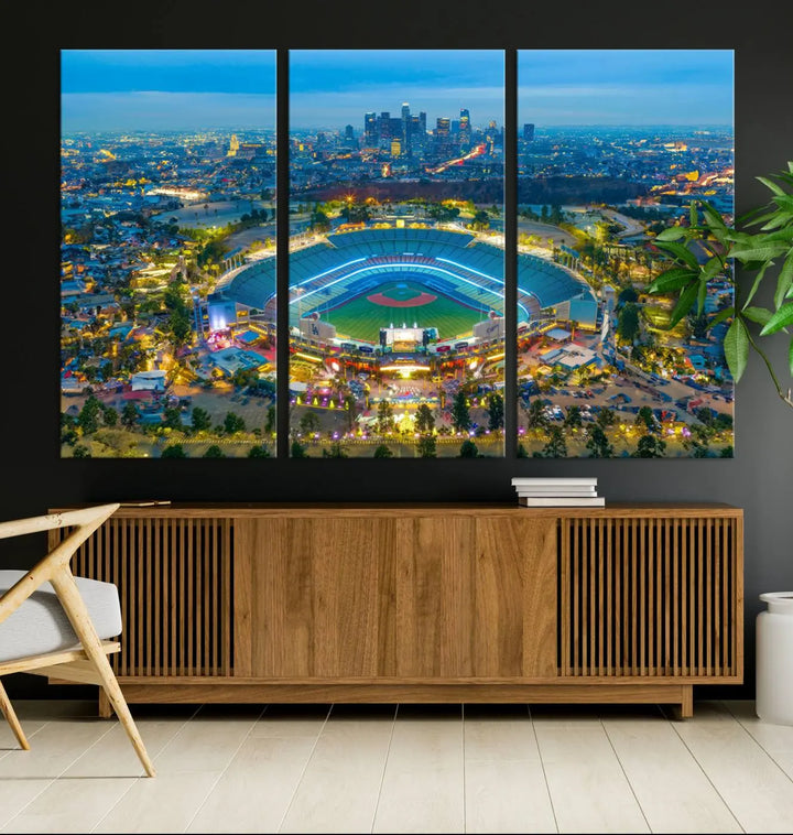 A Los Angeles Dodgers Dodger Stadium wall art canvas print, depicting a nighttime view of the stadium, is showcased in a modern living room.