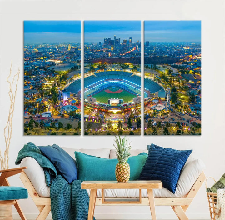 A Los Angeles Dodgers Dodger Stadium wall art canvas print, depicting a nighttime view of the stadium, is showcased in a modern living room.