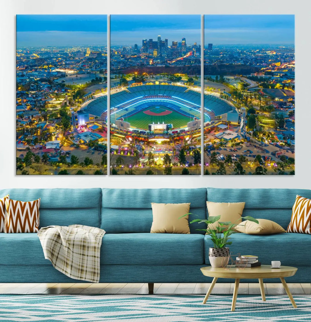 A Los Angeles Dodgers Dodger Stadium wall art canvas print, depicting a nighttime view of the stadium, is showcased in a modern living room.