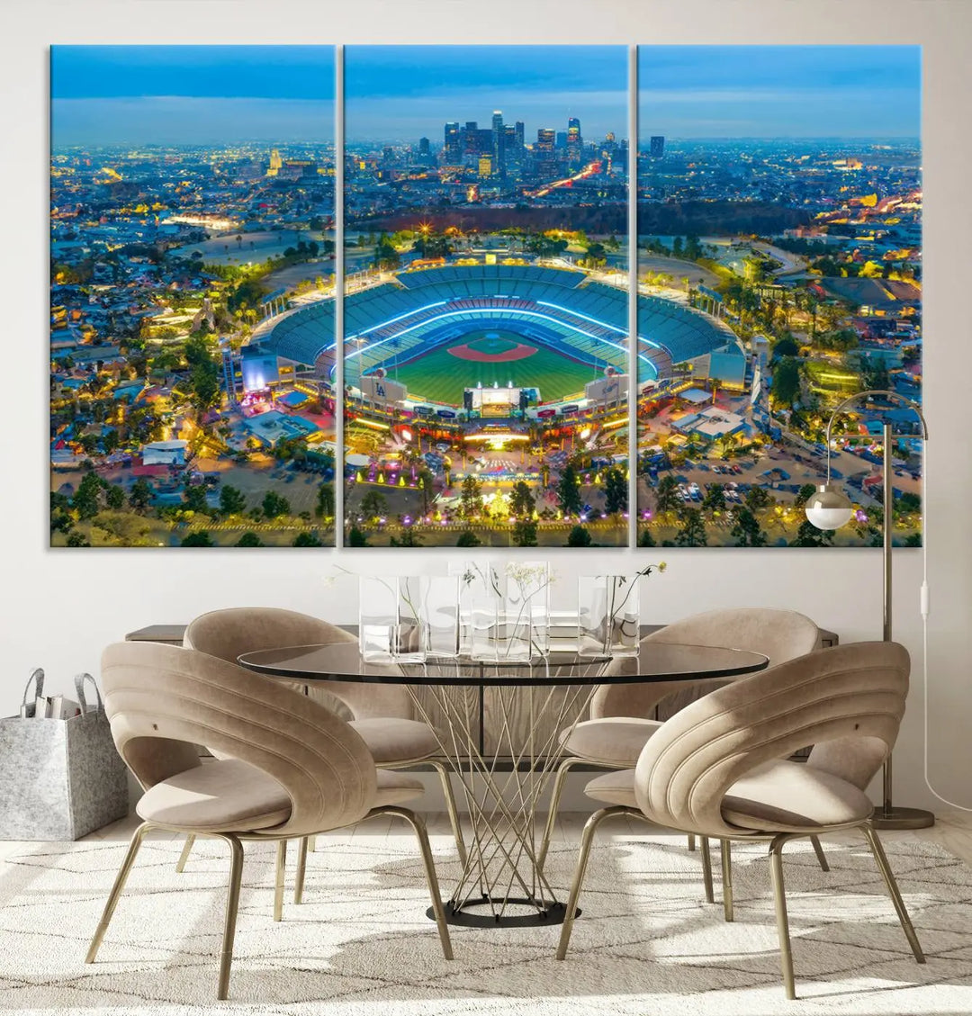 A Los Angeles Dodgers Dodger Stadium wall art canvas print, depicting a nighttime view of the stadium, is showcased in a modern living room.