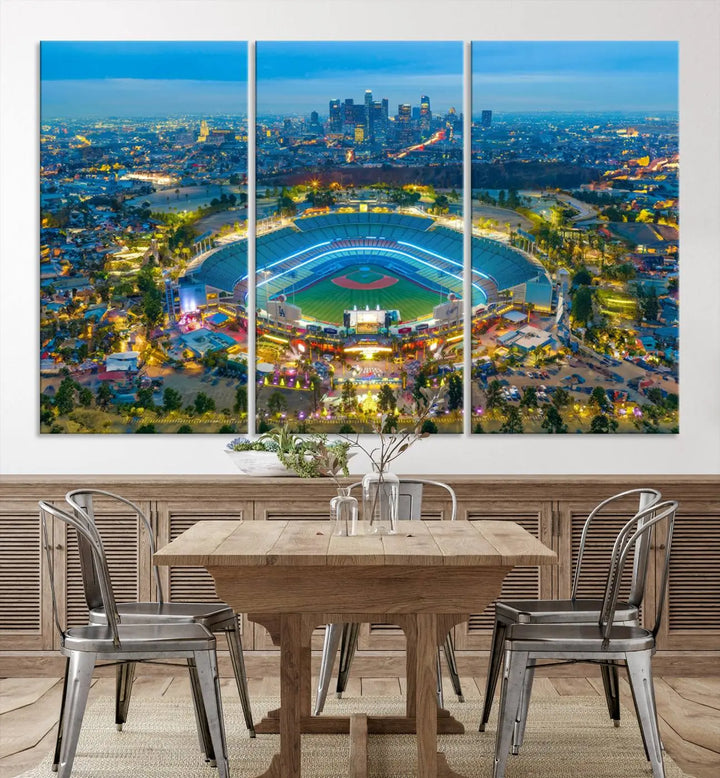 A Los Angeles Dodgers Dodger Stadium wall art canvas print, depicting a nighttime view of the stadium, is showcased in a modern living room.