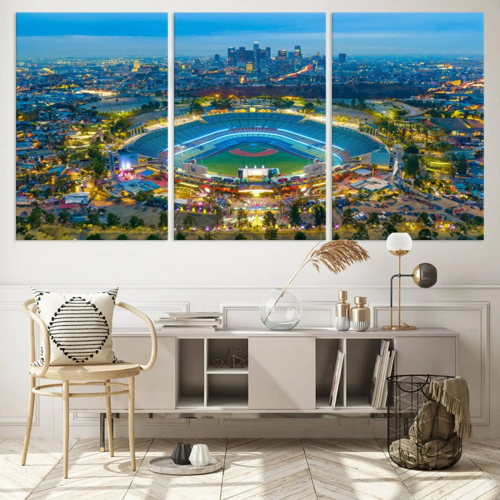 A Los Angeles Dodgers Dodger Stadium wall art canvas print, depicting a nighttime view of the stadium, is showcased in a modern living room.