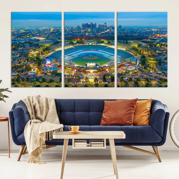 A Los Angeles Dodgers Dodger Stadium wall art canvas print, depicting a nighttime view of the stadium, is showcased in a modern living room.