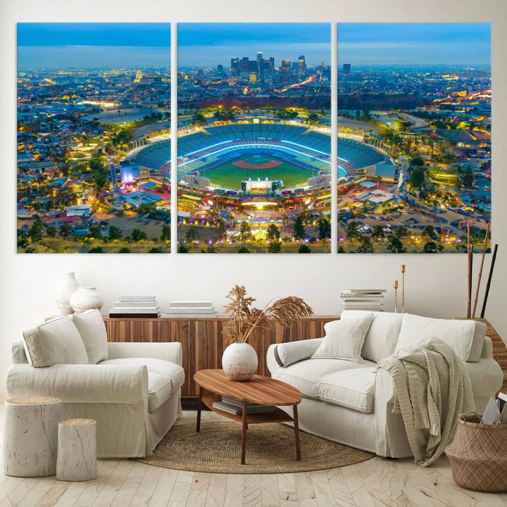 A Los Angeles Dodgers Dodger Stadium wall art canvas print, depicting a nighttime view of the stadium, is showcased in a modern living room.