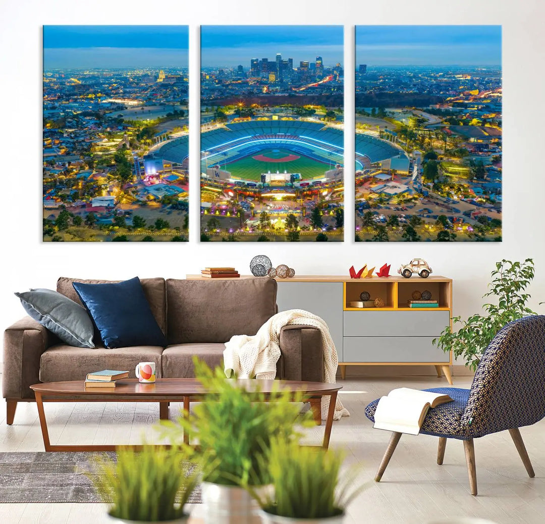 A Los Angeles Dodgers Dodger Stadium wall art canvas print, depicting a nighttime view of the stadium, is showcased in a modern living room.