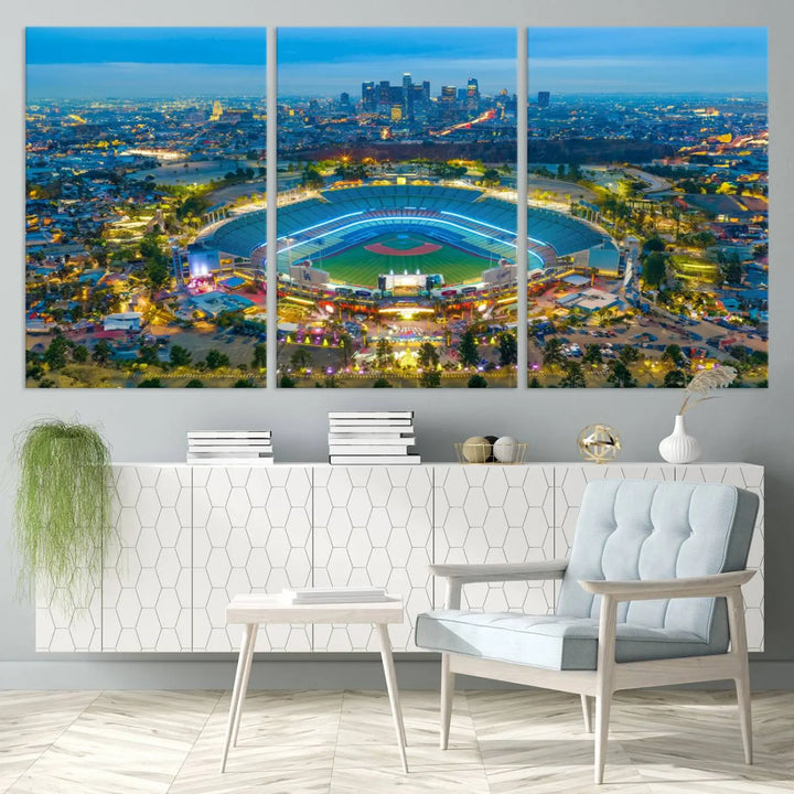 A Los Angeles Dodgers Dodger Stadium wall art canvas print, depicting a nighttime view of the stadium, is showcased in a modern living room.