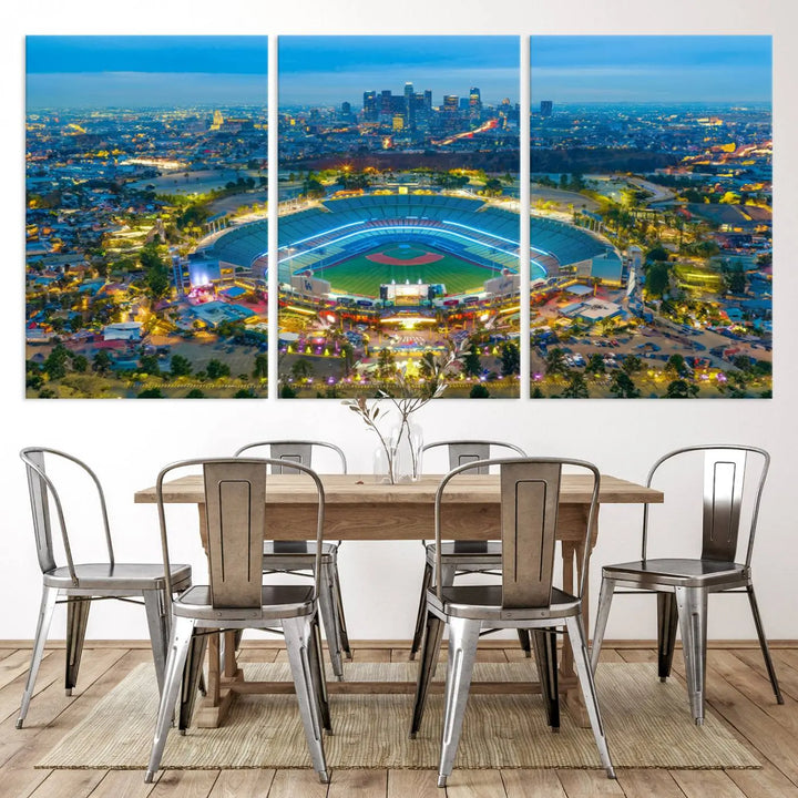 A Los Angeles Dodgers Dodger Stadium wall art canvas print, depicting a nighttime view of the stadium, is showcased in a modern living room.