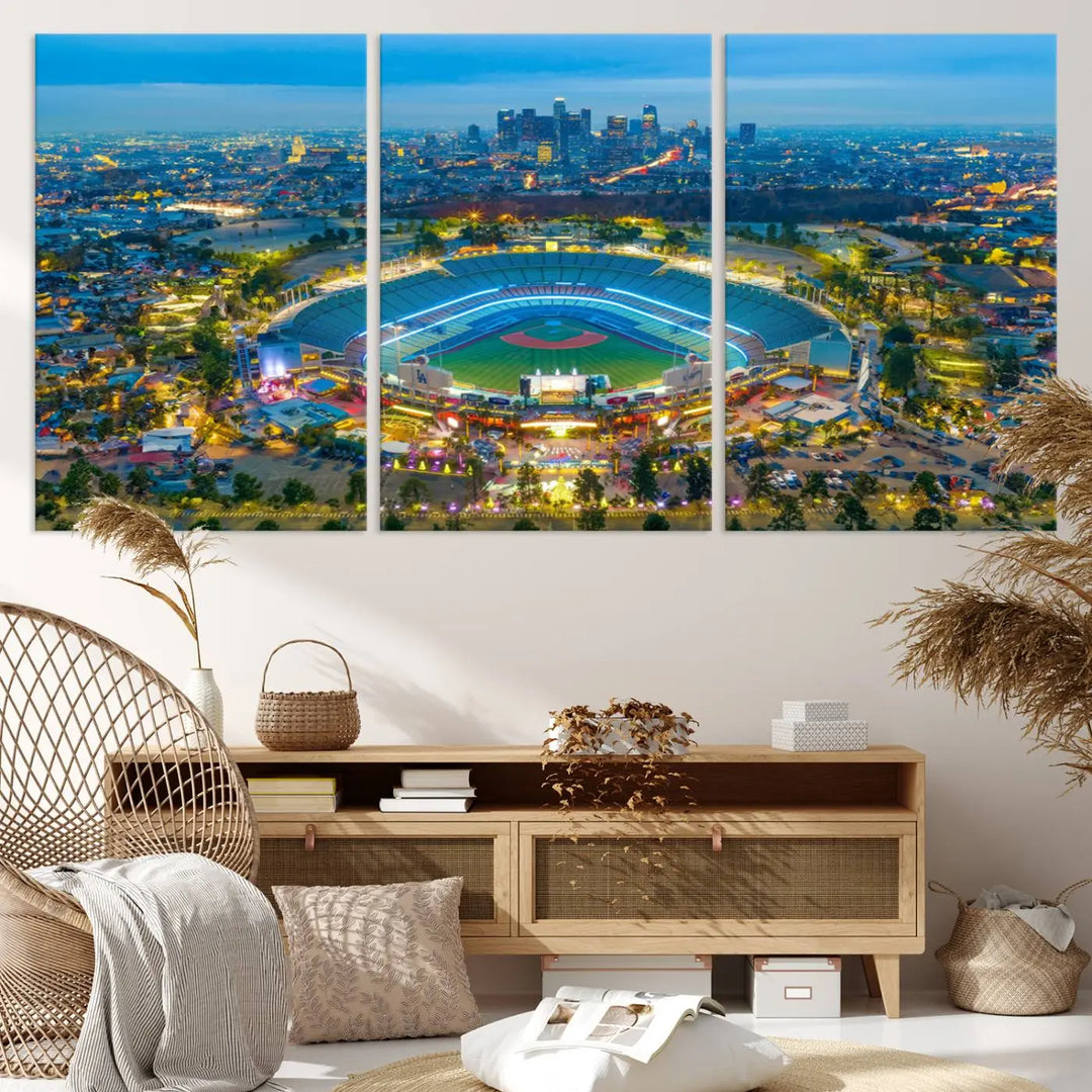 A Los Angeles Dodgers Dodger Stadium wall art canvas print, depicting a nighttime view of the stadium, is showcased in a modern living room.