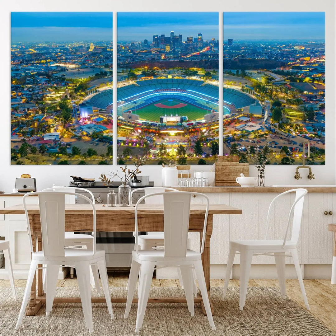 A Los Angeles Dodgers Dodger Stadium wall art canvas print, depicting a nighttime view of the stadium, is showcased in a modern living room.