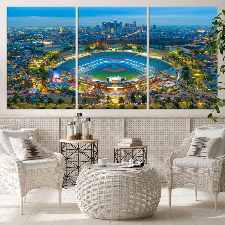 A Los Angeles Dodgers Dodger Stadium wall art canvas print, depicting a nighttime view of the stadium, is showcased in a modern living room.