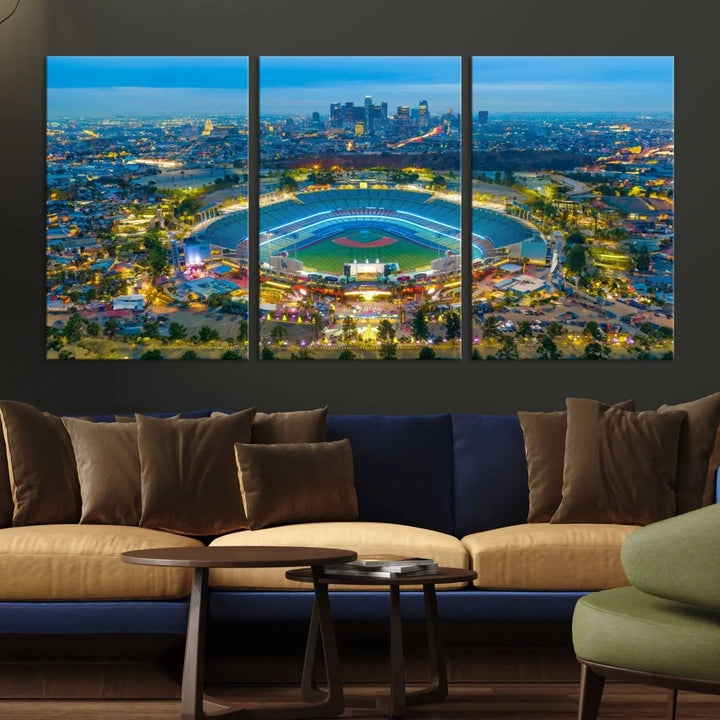 A Los Angeles Dodgers Dodger Stadium wall art canvas print, depicting a nighttime view of the stadium, is showcased in a modern living room.