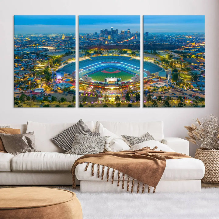 A Los Angeles Dodgers Dodger Stadium wall art canvas print, depicting a nighttime view of the stadium, is showcased in a modern living room.