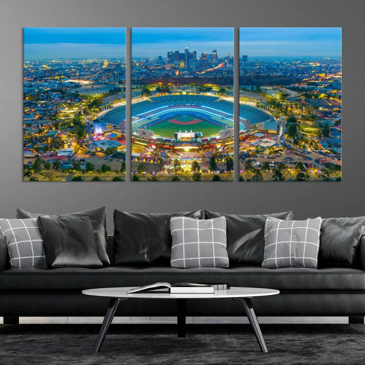 A Los Angeles Dodgers Dodger Stadium wall art canvas print, depicting a nighttime view of the stadium, is showcased in a modern living room.