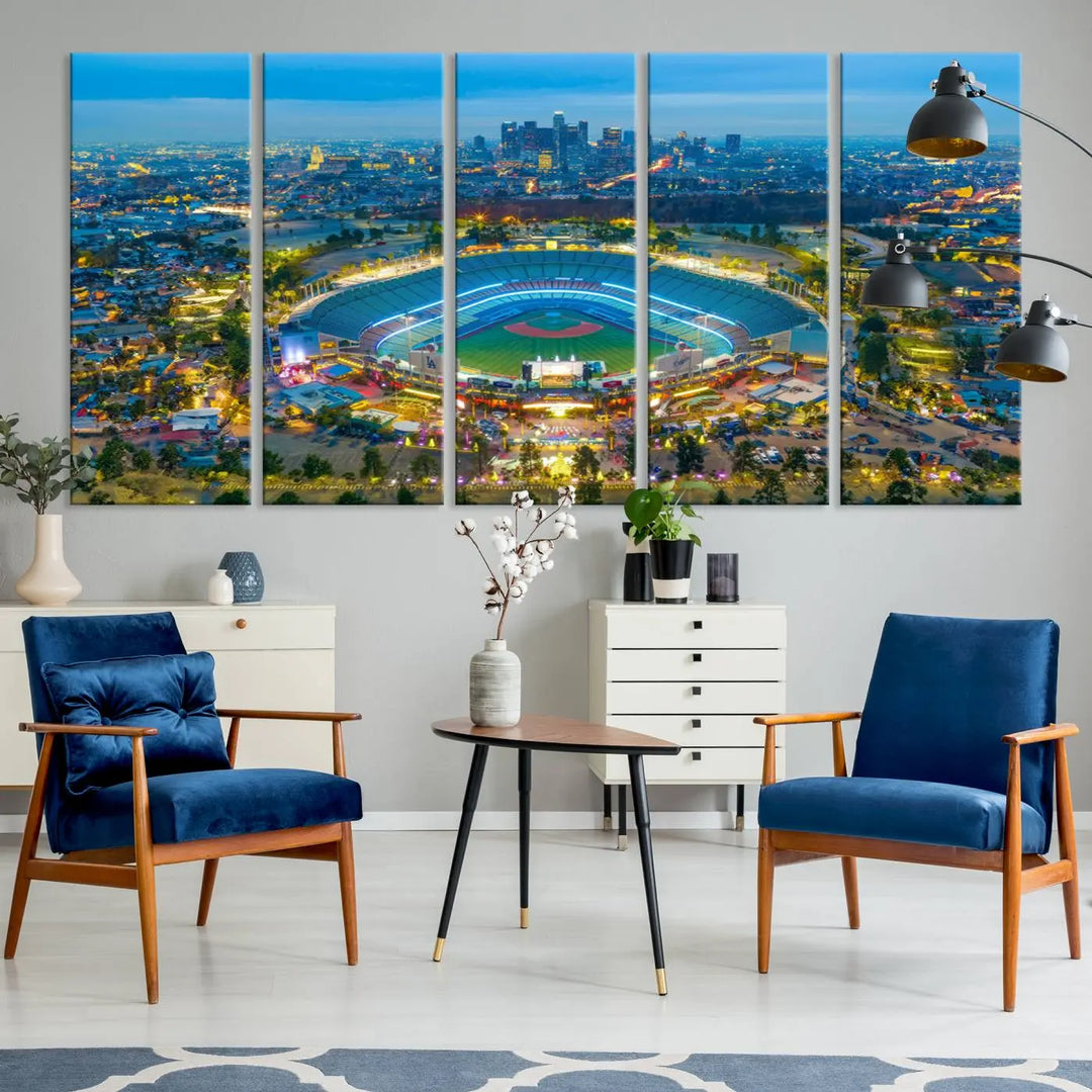 A Los Angeles Dodgers Dodger Stadium wall art canvas print, depicting a nighttime view of the stadium, is showcased in a modern living room.