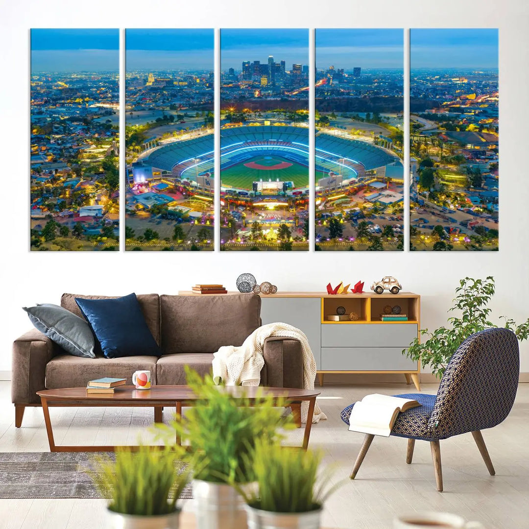 A Los Angeles Dodgers Dodger Stadium wall art canvas print, depicting a nighttime view of the stadium, is showcased in a modern living room.