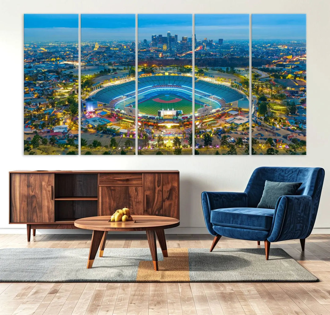 A Los Angeles Dodgers Dodger Stadium wall art canvas print, depicting a nighttime view of the stadium, is showcased in a modern living room.