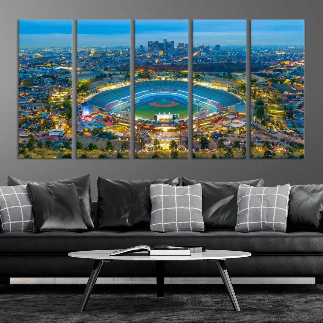 A Los Angeles Dodgers Dodger Stadium wall art canvas print, depicting a nighttime view of the stadium, is showcased in a modern living room.