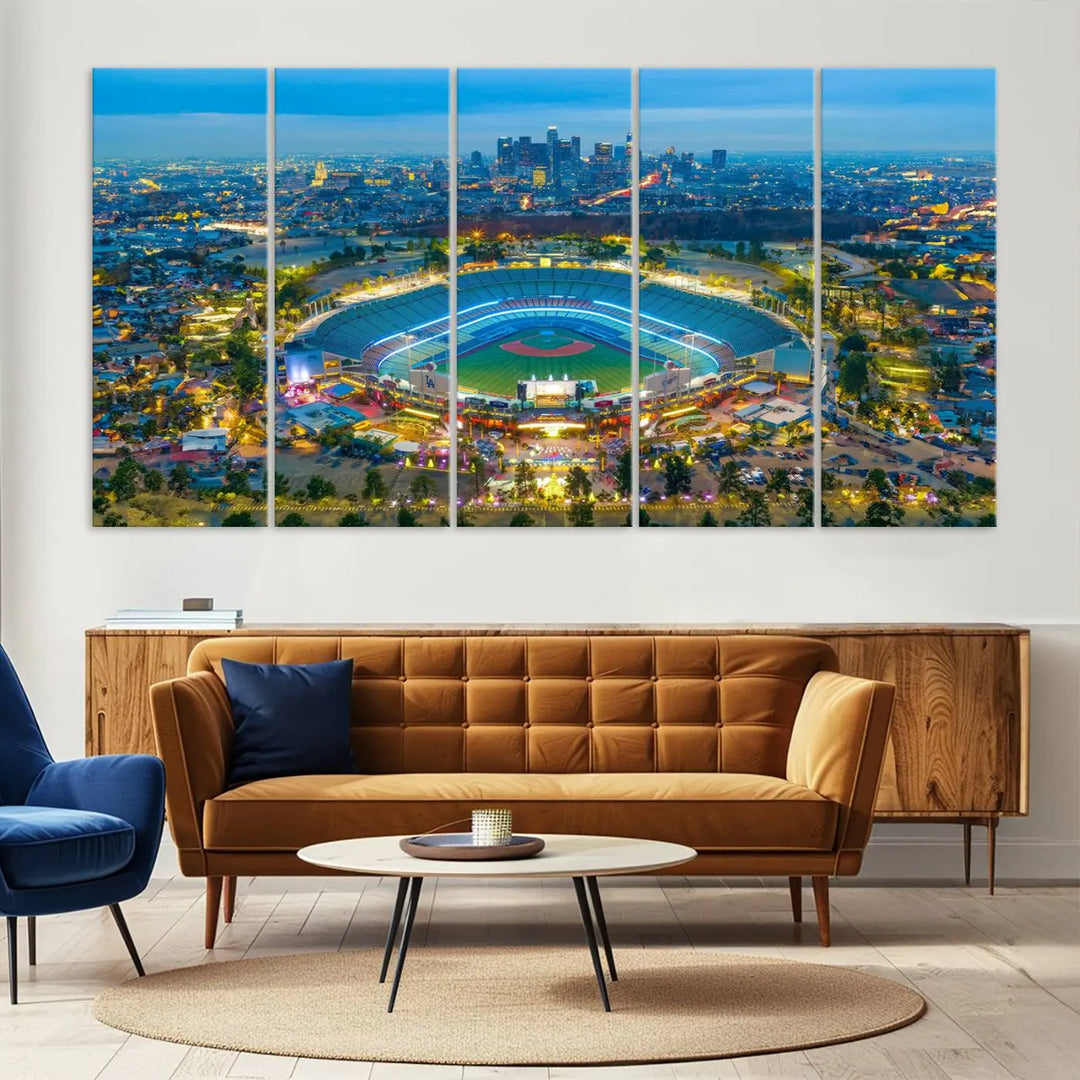 A Los Angeles Dodgers Dodger Stadium wall art canvas print, depicting a nighttime view of the stadium, is showcased in a modern living room.