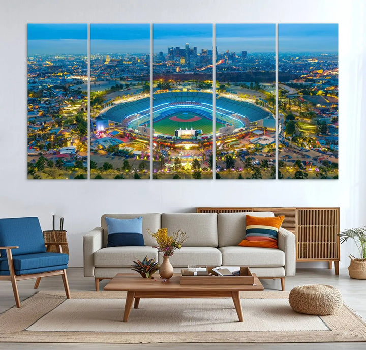 A Los Angeles Dodgers Dodger Stadium wall art canvas print, depicting a nighttime view of the stadium, is showcased in a modern living room.