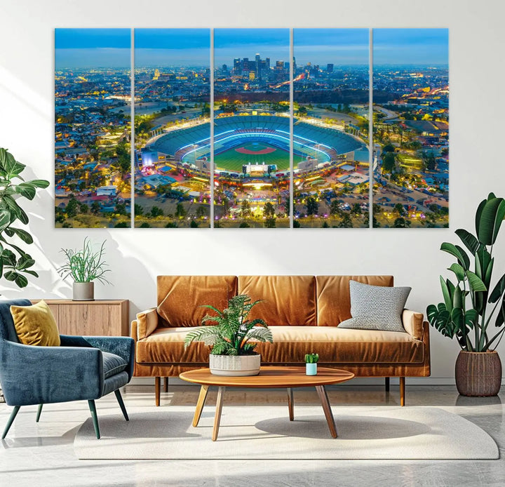 A Los Angeles Dodgers Dodger Stadium wall art canvas print, depicting a nighttime view of the stadium, is showcased in a modern living room.