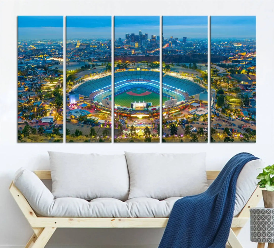 A Los Angeles Dodgers Dodger Stadium wall art canvas print, depicting a nighttime view of the stadium, is showcased in a modern living room.