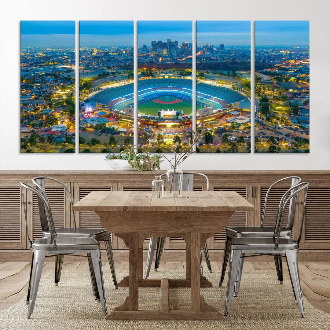 A Los Angeles Dodgers Dodger Stadium wall art canvas print, depicting a nighttime view of the stadium, is showcased in a modern living room.