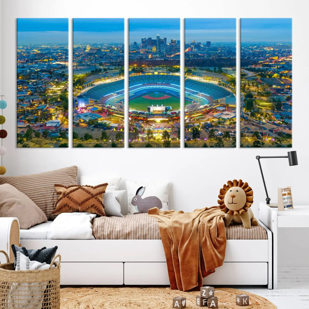 A Los Angeles Dodgers Dodger Stadium wall art canvas print, depicting a nighttime view of the stadium, is showcased in a modern living room.