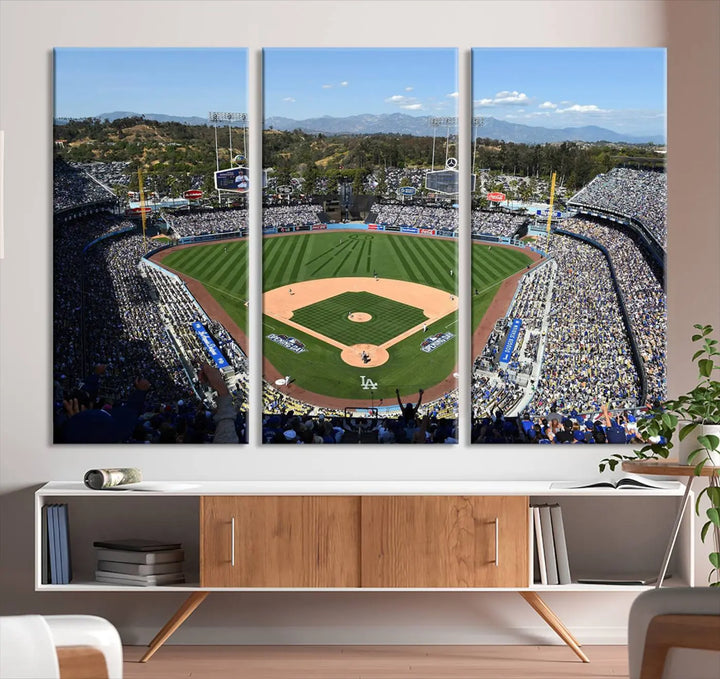 This Los Angeles Dodgers Dodger Stadium Wall Art Canvas Print vividly captures the vibrant atmosphere of a bustling baseball stadium and its lush green field from above. The gallery-quality finish ensures it makes a bold statement.