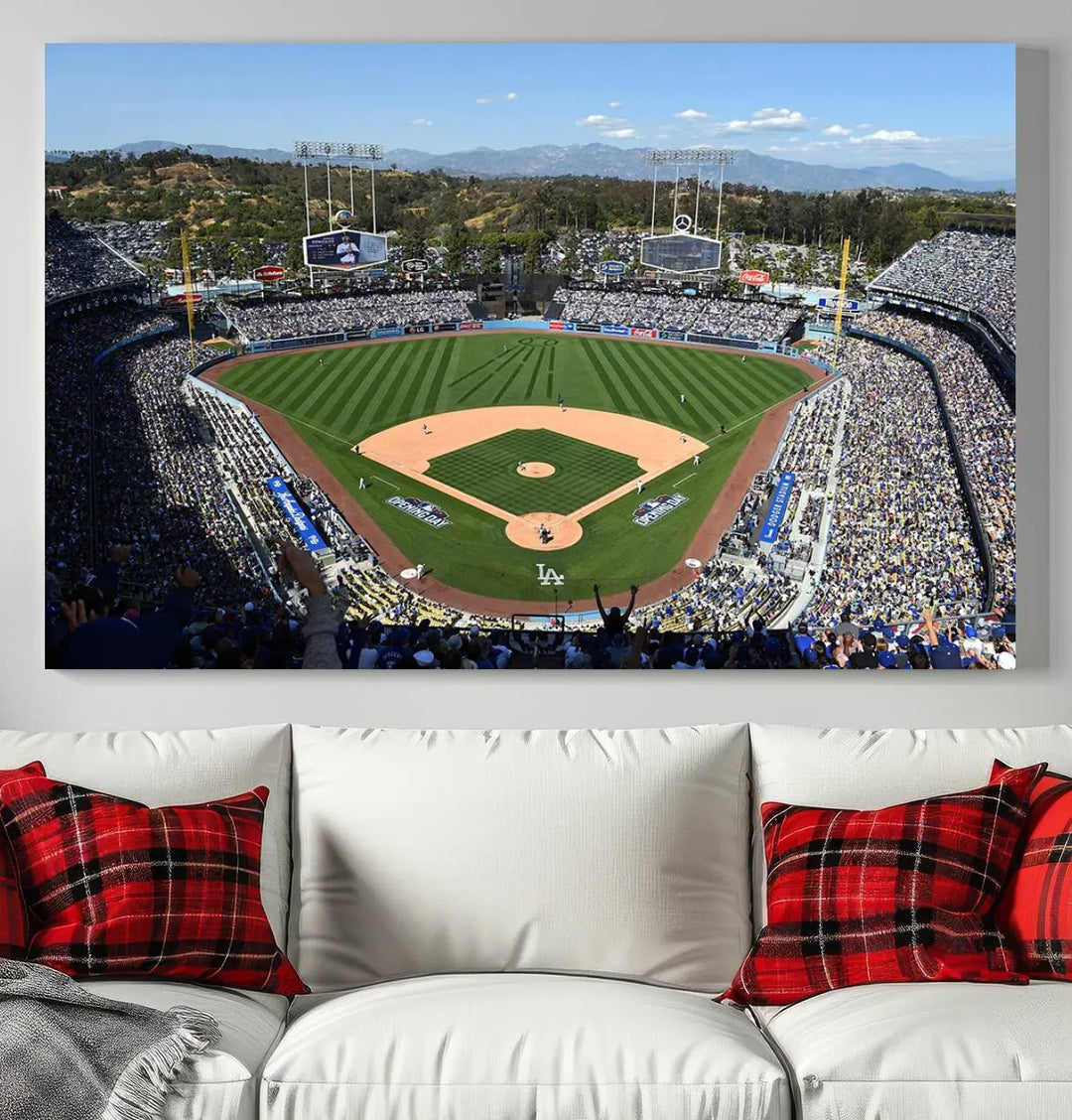 This Los Angeles Dodgers Dodger Stadium Wall Art Canvas Print vividly captures the vibrant atmosphere of a bustling baseball stadium and its lush green field from above. The gallery-quality finish ensures it makes a bold statement.