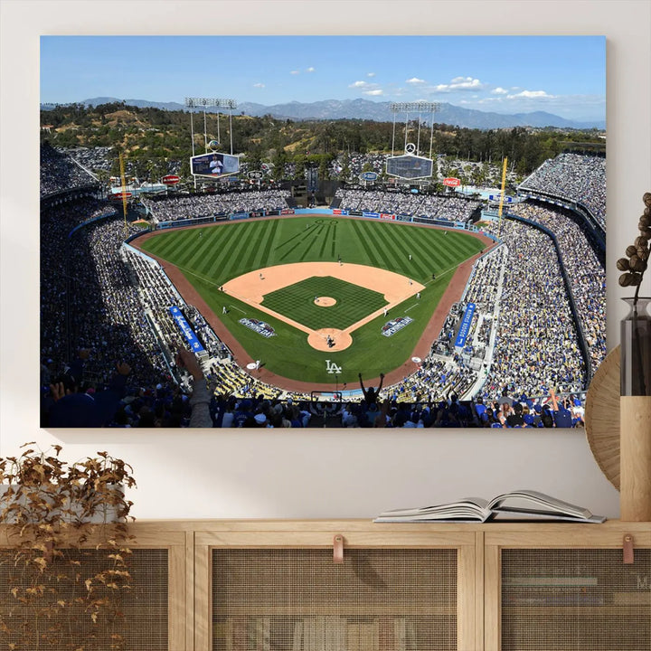 This Los Angeles Dodgers Dodger Stadium Wall Art Canvas Print vividly captures the vibrant atmosphere of a bustling baseball stadium and its lush green field from above. The gallery-quality finish ensures it makes a bold statement.